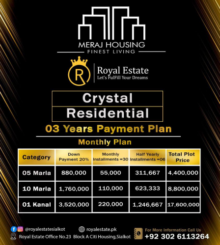 Meraj housing society 3 years payment plans of residential and commercial plots